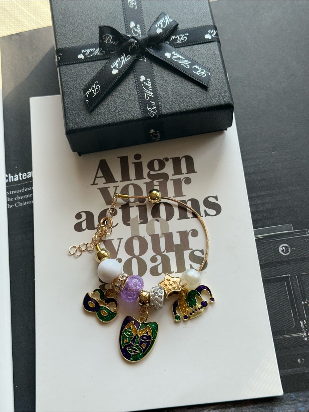 Gold-tone Mardi Gras Charm Bracelet with Green & Purple Enamel